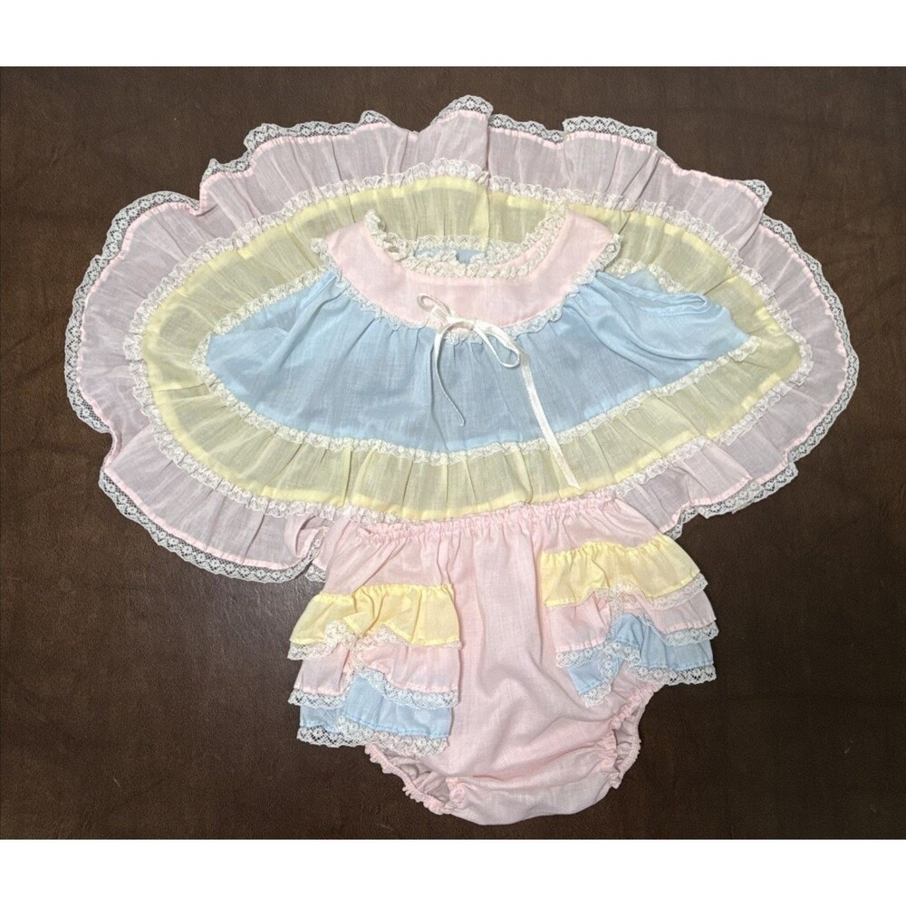 Vintage 80s Toddle Tyke Baby Girl Ruffle Lace Dress & Diaper Cover Sz 12 Months